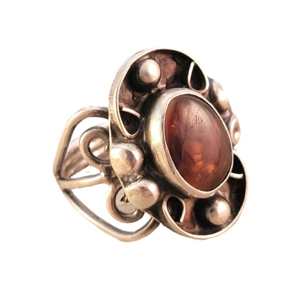 Vintage Sterling Genuine Amber Bali Boho Artisan Beaded Ring